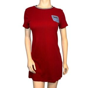 Tommy Hilfiger Womens Red Ribbed Knit T-Shirt Dress Blue Pocket Medium